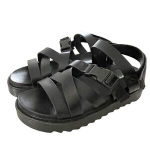 Nastygal Size 6 Black Strap To Reality Faux Leather Chunky Sandals Velcro Buckle